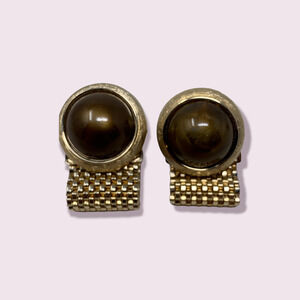 Vintage Brown Cabochon & Gold Tone Wraparound Mesh Cuff Links Art Deco Nouveau